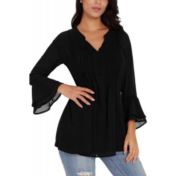 dear lover Tops - New.Black Split Neck Layered Bell Sleeve Tunic